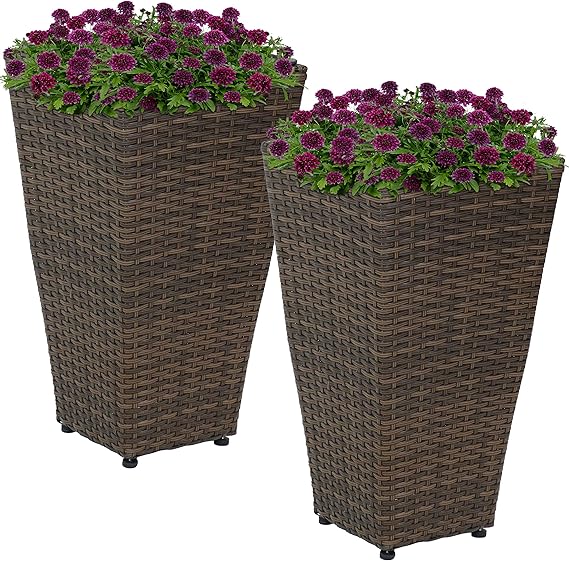 Sunnydaze Wicker Planters - Set of 8 & 2 - 20" & 24" - Brown & Black