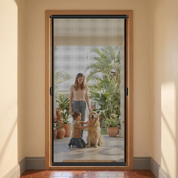 Hanging Screen Door, Fits 24" x 80" Door (Curtain Size 26'' x 81''), Gray | Durable Fiberglass Mesh with Tension Rod&Hook&Loop (1 Piece Can be Installed in 2 Ways), Keep Bugs Out, Weighted Bottom