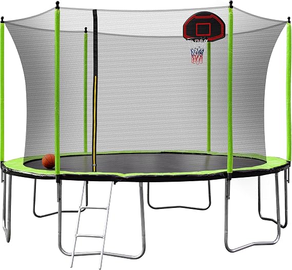 SkyBound 12ft Trampoline with Enclosure Net, Outdoor Trampoline for Kids and Adults - ASTM Approval - Heavy Duty Recreational Trampolines with Basketball Hoop and Ladder - Green