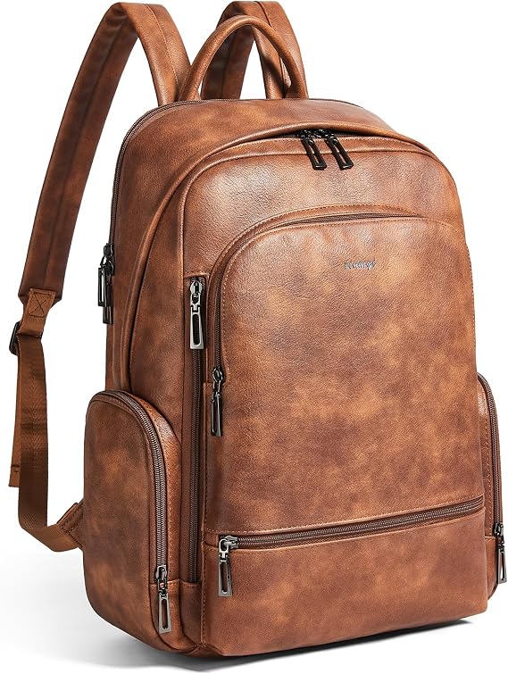 Leather Backpack for Women Men, Fits 16.0 Inch Laptop, Soft Vegan Leather Backpack for Travel and Daily Use, Brown
