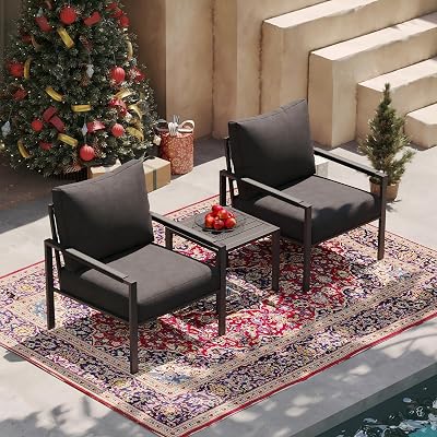 Sundale Outdoor 3 Pieces Patio Set Outdoor Metal Furniture Sets with 2 Armchairs and Side Table, Outdoor Single Sofa Set for Garden, Backyard, Porch, or Balcony, All-Weather Metal Chairs with Cushions