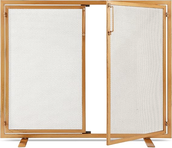 Best Choice Products 38.5x31in 2-Door Fireplace Screen, Handcrafted Wrought Iron Decorative Mesh Geometric Fire Spark Guard w/Magnetic Panels - Gold