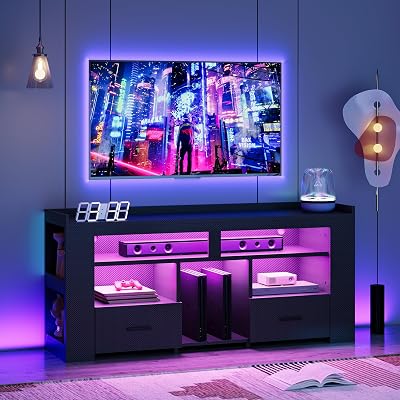 IRONCK TV Stand for 65 Inch TV, Carbon Fiber Entertainment Center with 2 Drawers, Charging Station & RGB LED Light, Gaming Media Console for PS4, Bedroom, Living Room, Black