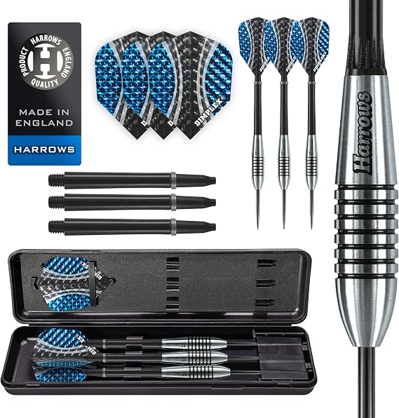 Harrows Bomber Darts, 85% Tungsten Steel Tip Darts Set 21g, 23g, 25g & 27g - Includes High-Grade Shafts, Aerodynamic Dart Flights & Convenient Travel Case