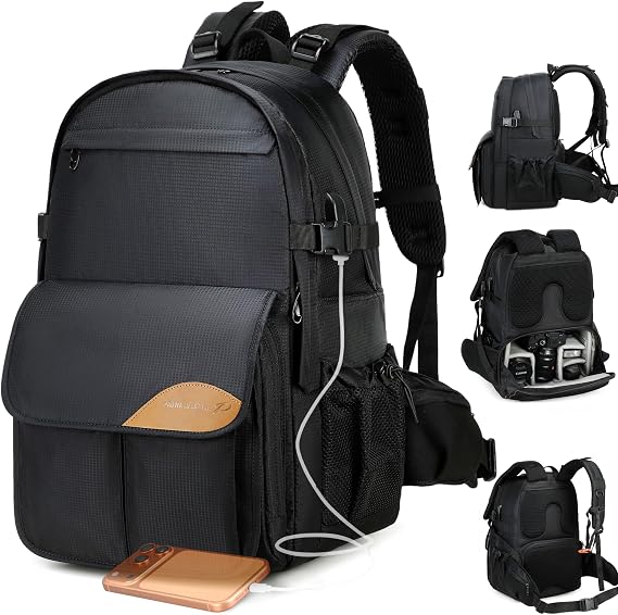 Padwa Lifestyle Black Professional Camera Backpack - Large Capacity Nylon Photography Camera Bag with Thick Padded Comfort Strap and Wide Waist, Versatile Photographer,Multi Cameras,Lensas,a Laptop