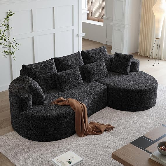 KEIKI 105" L Shaped Corner Couch, Upholstered Curved Cloud with 7 Pillows, Chenille Sectional Couch for Living Room, Bedroom, Black