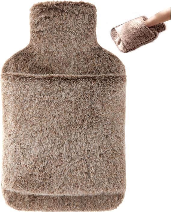 samply Hot Water Bottle with Soft Faux Fur Cover, 2L Hot Water Bag, Khaki