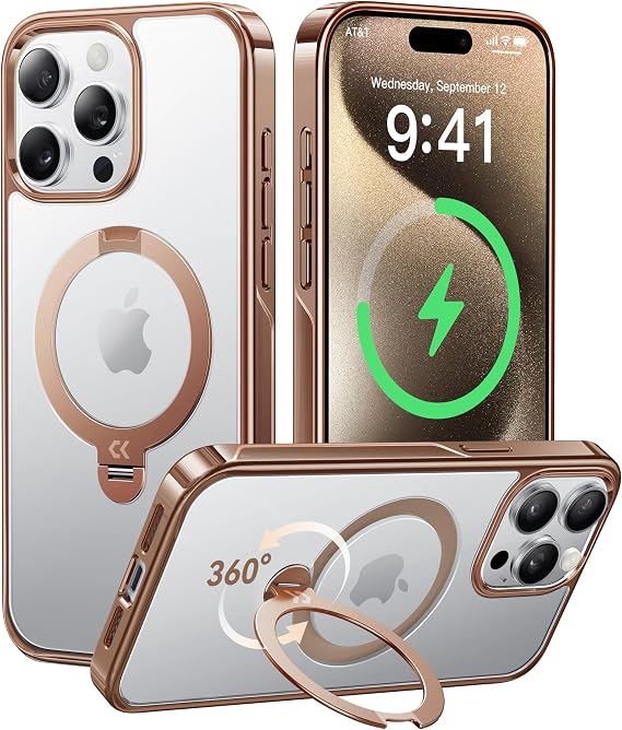 CASEKOO Desert Titanium for iPhone 15 Pro Max Case with 360 Spin Magnetic Stand [Compatible with Magsafe][16FT Military Protection] Slim Polished Frame Titanium Alloy Sturdy Stand 6.7'', Rose Gold