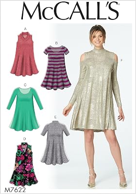 McCalls Patterns Misses Knit Swing Dresses with Neckline and Sleeve Variations