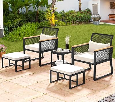 DWVO Patio Bistro Set, 5-Piece Wicker Furniture Set with Armchairs and Tempered Glass Coffee Table, Outdoor Conversation Sectional with Ottoman for Outdoors, Black