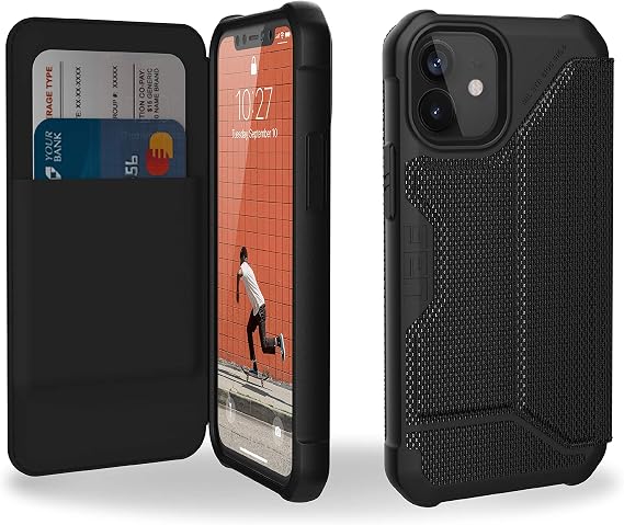 URBAN ARMOR GEAR UAG Designed for iPhone 12 Mini Case [5.4-inch Screen] Flip Folio Cover with Card Slots and Viewing Stand Feather-Light Rugged Metropolis Protective Cover, Armortex FIBR ARMR Black