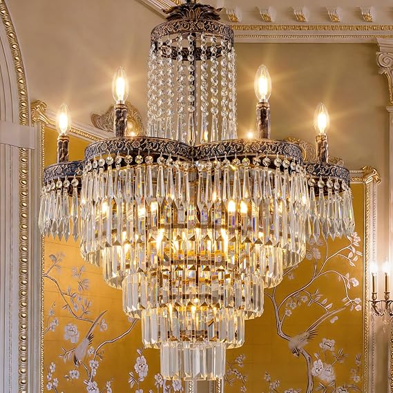 TOCHIC Crystal Chandelier Large French Empire Chandeliers for High Ceilings | 13 Lights Vintage Antique Bronze 6 Tiers K9 Crystal Chandeliers for Bedroom Dining Living Room Kitchen Entryway Foyer, 25" D