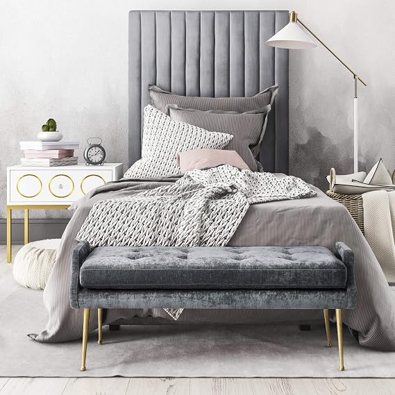 Overstock TOV Furniture Arabelle 67.3" H Transitional Velvet Upholstered Twin Bed in Gray