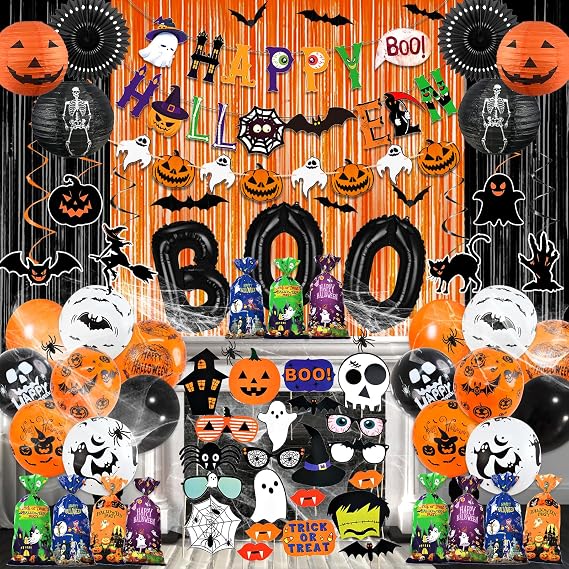 110Pcs Halloween Party Decorations, Horror Halloween Party Supplies Include Banner, Boo Balloons Hanging Swirls Photo Props Spider Wed Candy Gift Bags for Scary ScreamDecorations Indoor
