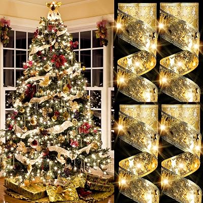 Geosar 4 Pcs 65.62 ft Christmas Tree Fairy Ribbon Lights Lighted Ribbon Garland for Christmas Tree Xmas Decorations for Indoor Outdoor Party Decorations, Warm WhiteGold