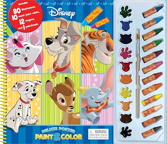 Disney Animals Deluxe Poster Paint & Color - Coloring Book for Kids, 80 Illustrations, 10 Watercolor Paints, 12 Crayons, 1 Paint Brush