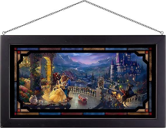 Thomas Kinkade Disney Beauty and the Beast Dancing in the Moonlight Gallery Wrapped Canvas Art | Wall Art Decor | Certificate of Authenticity Included,(Framed Glass Art) 13" x 23"