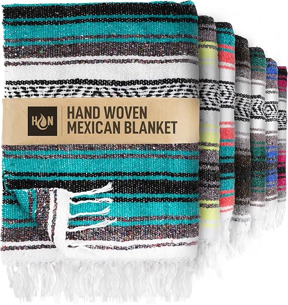 Authentic Extra Large Mexican Blanket - 70"x50" Handwoven Yoga, Serape, Artisanal Falsa, Beach, Camping, Picnic, Outdoor Blanket (Emerald)