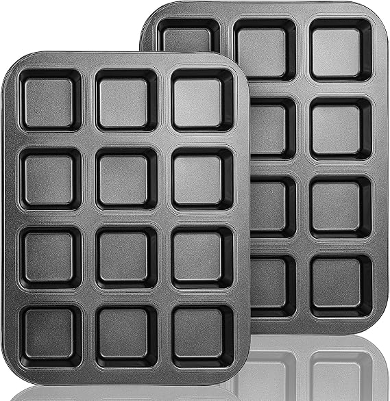 2 Pack Mini Brownie Pan with Dividers, Brownie Bite Pan, 12 Cavity Square Cupcake Pans, Non-Stick Carbon Steel Baking Tray for Individual Brownies, Cakes & Cookies