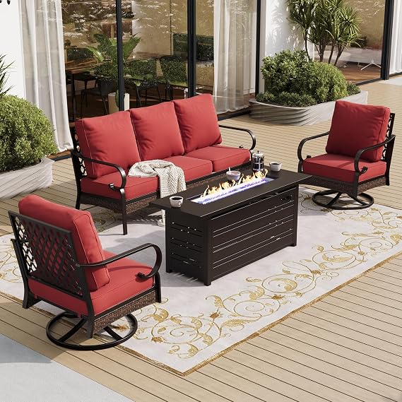 SUNSHINE VALLEY Metal Patio Furniture Set with Fire Pit Table, 5 Seats, Red