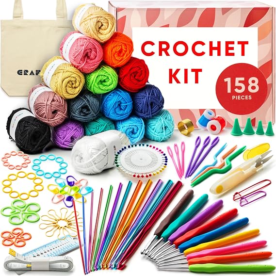 Crochet Kit for Beginners Adults and Kids - Beginner Crochet Kit for Adults with 40 Step-by-Step Video Tutorials, Amigurumi and Crocheting Kit, Starter Set 16 Yarn Colors and Crochet Bag (Kit 158 pcs)