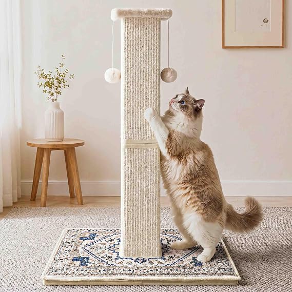 Tall Cat Scratching Post for Indoor Cats Adults with Carpet, White | 33 Inch, Large Cat Post with Perch, Heavy Duty&Stable, Sisal Rope, Cute Cat Scratcher with Boho Carpet & Dangling Ball Toys