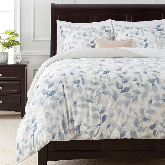 Chanasya Premium Layered Leaf Duvet Cover Set - Duvet Cover (90 x 90) & 2 Pillow Shams (20 x 26) - 3-Piece Set, Queen Size, Blue Taupe