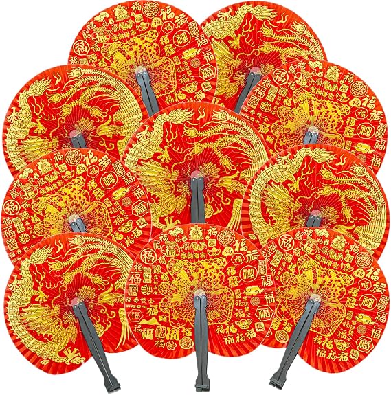 10 Pieces Chinese Dragon and Phoenix Paper Fans | Folding Hand Fans Handheld,Asian Oriental Japanese Foldable Fans for Festival Wedding Birthday Party Favors