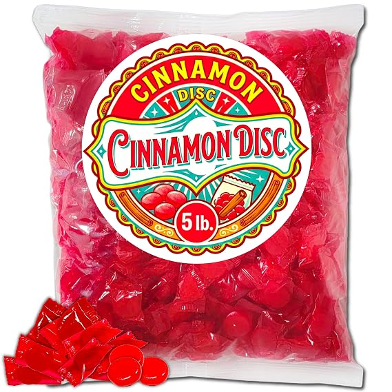 Cinnamon Discs Hard Candies - (5 Pound Bag) of Individually Wrapped Red Cinnamon Candy Disks.