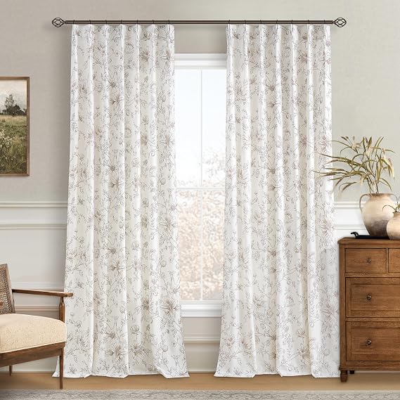 Brown Floral Curtains 90 Inches Long Pinch Pleated Linen Drapes for Bedroom