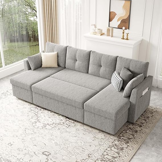 Weture Oversized Sleeper Couch Sofa Bed, 110 inch 2 in 4 Pull Out Sleeper Sectional Sofa with Double Storage Chaise, Sleeper Sofa with Side Pocket for Living Room, Light Grey