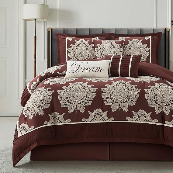 LANCO MODERN LIFESTYLE Burgundy California King Comforter Set 7 Pieces, Jacquard Woven with Damask, Bedding Set in a Bag Includes Comforter, Bed Skirt, Pillow Shams, and Decorative Pillows