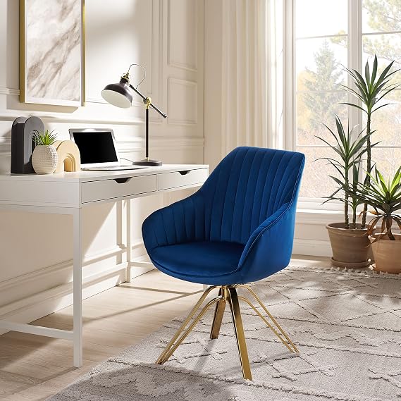 Zouron Mid Century Modern Swivel Fabric Kitchen Dining Chairs with Gold Metal Legs, Swivel Home Office Desk Chair Without Wheels, Swivel Accent Chair for Living Room Bedroom, 1 pcs, Mazarine
