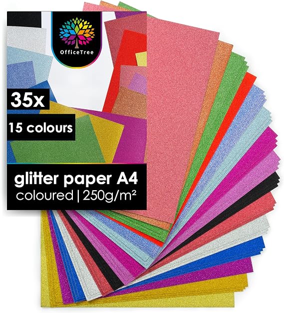 OfficeTree Glitter Paper A4 - 35 Sheets, 15 Colors, 250g/m² - Shiny Cardstock for Crafting and Creating