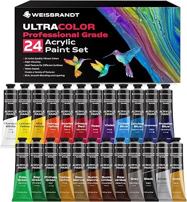 WEISBRANDT UltraColor Artist Quality Acrylic Paint Set, 24 Vibrant Colors, 0.74 oz22ml Tubes, for Canvas, Wood, Ceramic, Fabric, Non Toxic-Fading