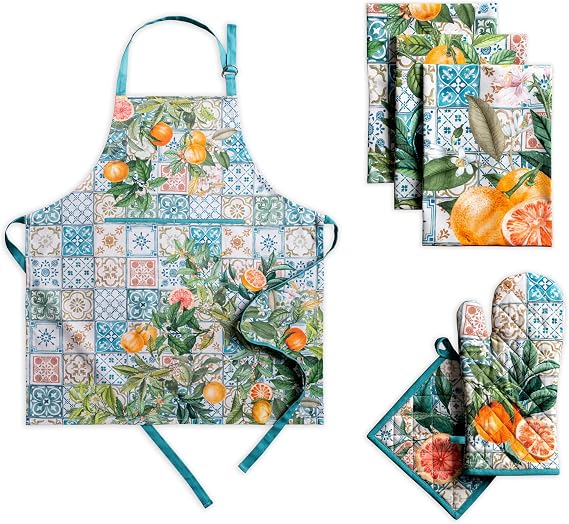 Maison d' Hermine Agrume Bundle Set 100% Cotton Apron (27.50 Inch by 31.50 Inch), Set of 3 Kitchen Towels (20 Inch by 27.5 Inch) and Oven Mitt (7.5 Inch by 13 Inch)/Pot Holder (8 Inch by 8 Inch)