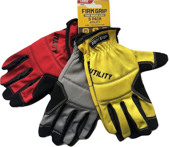 Tough Working Gloves, 3 Pair Utility, Red, Gray, Yellow