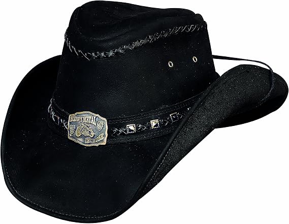 Bullhide Heavy Metal Collection Leather Biker Hat Top Grain Leather Hat with Pinchfront Crown, 3 3/8" Brim, Leather Hat Band, Motorcycle Cowboy Hat for Men