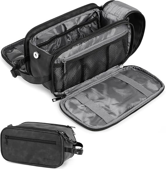 PAVILIA Toiletry Bag for Men, Hanging Travel Dopp Kit Organizer, PU Leather Water Resistant Bathroom Bag for Shaving Grooming, Large Capacity Cosmetic Bag Travel Essentials, Black