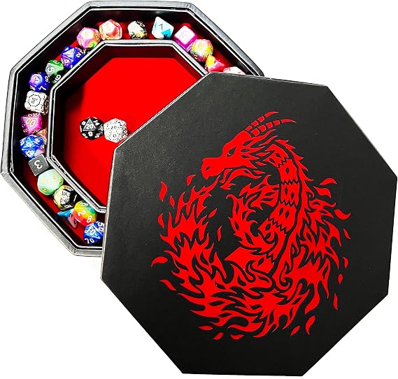 Fantasydice Red Fire Dragon Dice Tray with Lid 9" Octagon with Dice Staging Area, Holds 5 Dice Sets Ideal for Tabletop RPGs