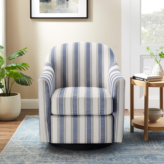 VANOMi Stripe Swivel Barrel Accent Chair for Living Room, Bedroom, Navy