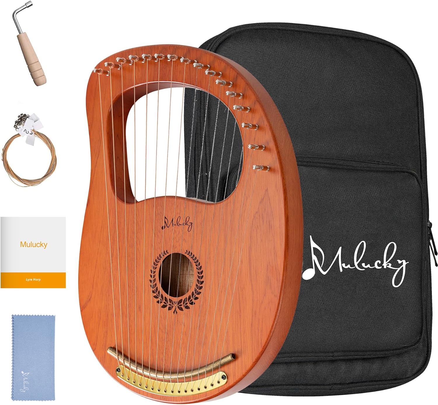 Mulucky Lyre Harp 16 Metal Steel String Bone Saddle Mahogany Lyre Instrument with Tuning Wrench and Black Gig Bag - MLH1601