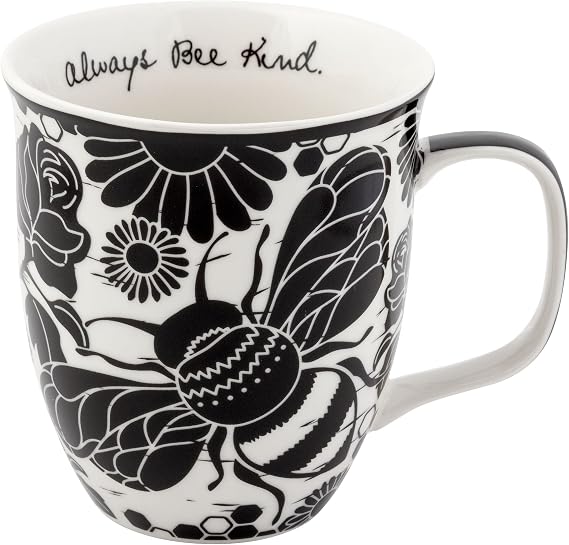 Karma Gifts, 14 oz Black and White Boho Mug, Cute Coffee and Tea Mug, Ceramic Coffee Mugs for Women and Men, Bee