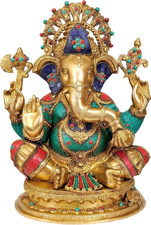 Exotic India Four Armed Seated Ganesha (Inlay Statue) - Brass Statue with Inlay