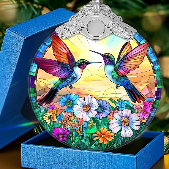 Hummingbird Christmas Glass Ornament for Tree Hanging Decorations with Ribbons & Gift Box, Memorial Sympathy Gifts Ideas, Hummingbird Lovers Gifts for Women, Xmas Home Decor Birds Lover Presents