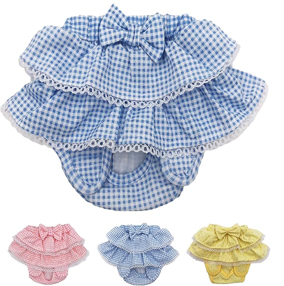 Dog Skirt Diaper Female Sanitary Pant Dress Ruffles Cotton Small Pet Cat (Blue, Small: Waist 6" - 8")