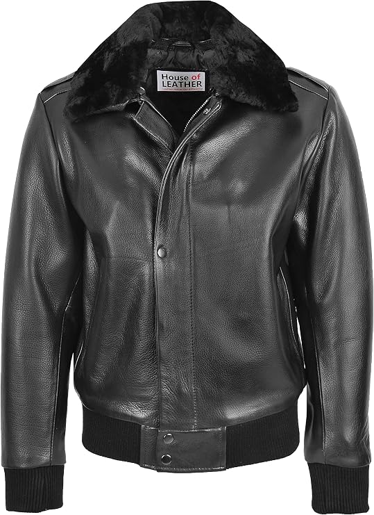 Mens Leather Bomber Jacket Removable Collar Pilot Aviator Leroy