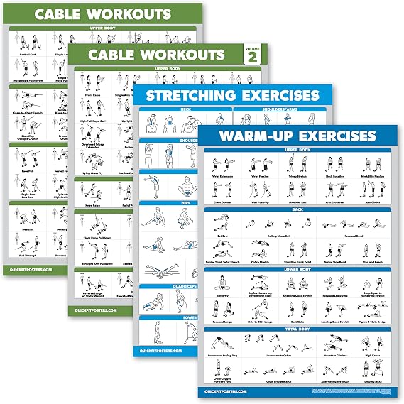 Palace Learning 4 Pack - Cable Machine Workout Posters Volume 1 & 2 + Stretching Exercises + Warm Up Exercises