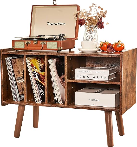 Record Player Stand with Vinyl Storage Holds Up to 300lb, Large Record Player Table Cabinet for Album Storage with Holder Vinyl Display Shelf, Wood Turntable Stand for Bedroom Living Room (Brown)