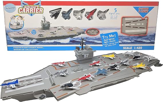 30 Inch Aircraft Carrier Toy Sound Effects, Light Up (14 Fighter Jets) | Sound Effects, Light Up Runway